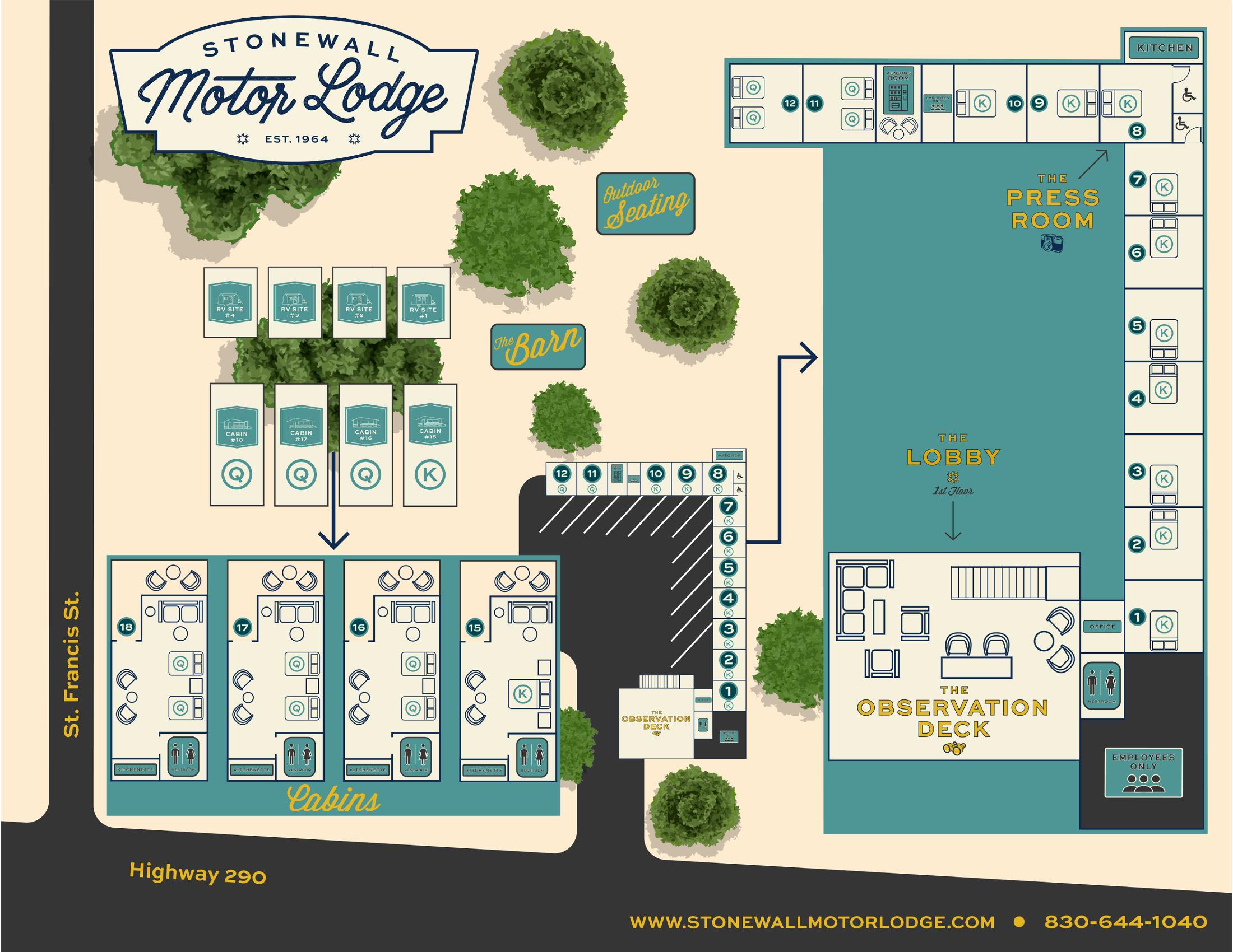 Stonewall Motor Lodge property map — rooms, cabins, RV sites & The Barn