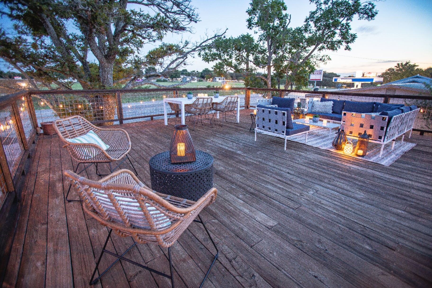 Elevated observation deck lounge at dusk